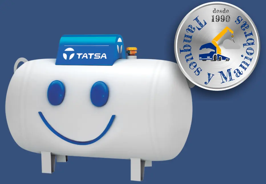 Tanque de gas TATSA con cara sonriente y logotipo de Tanques y Maniobras desde 1990