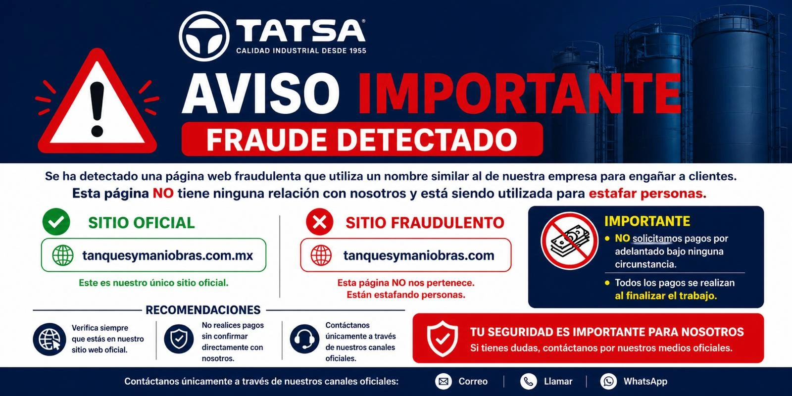 Aviso importante de fraude Tanques y Maniobras México sitio oficial tanquesymaniobras.com.mx advertencia contra sitio falso tanquesymaniobras.com